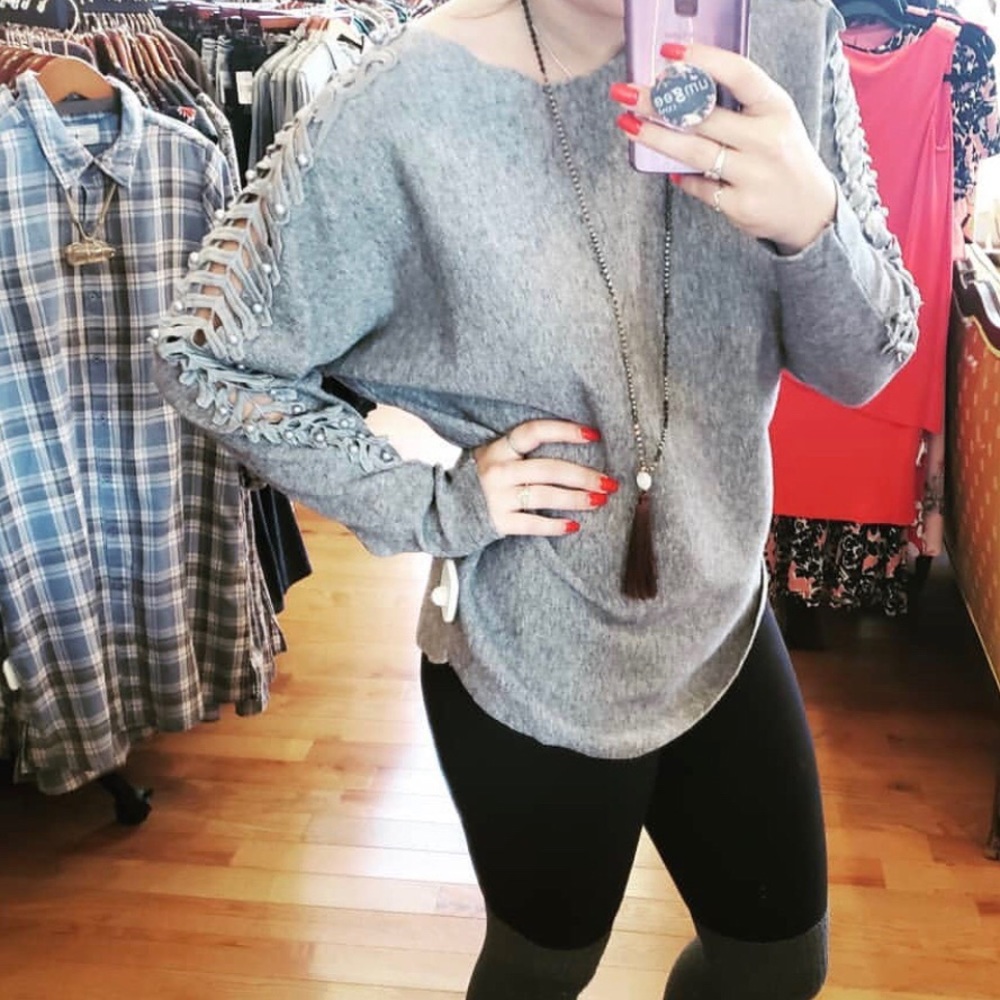 Beaded open detail dolman sleeve sweater